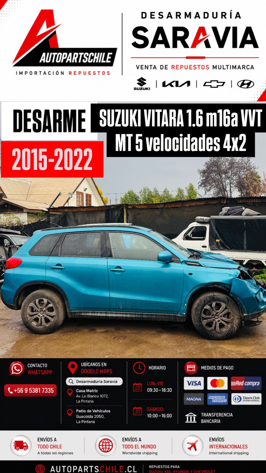 Suzuki Vitara 1.6 azul en desarme, vista frontal con daño