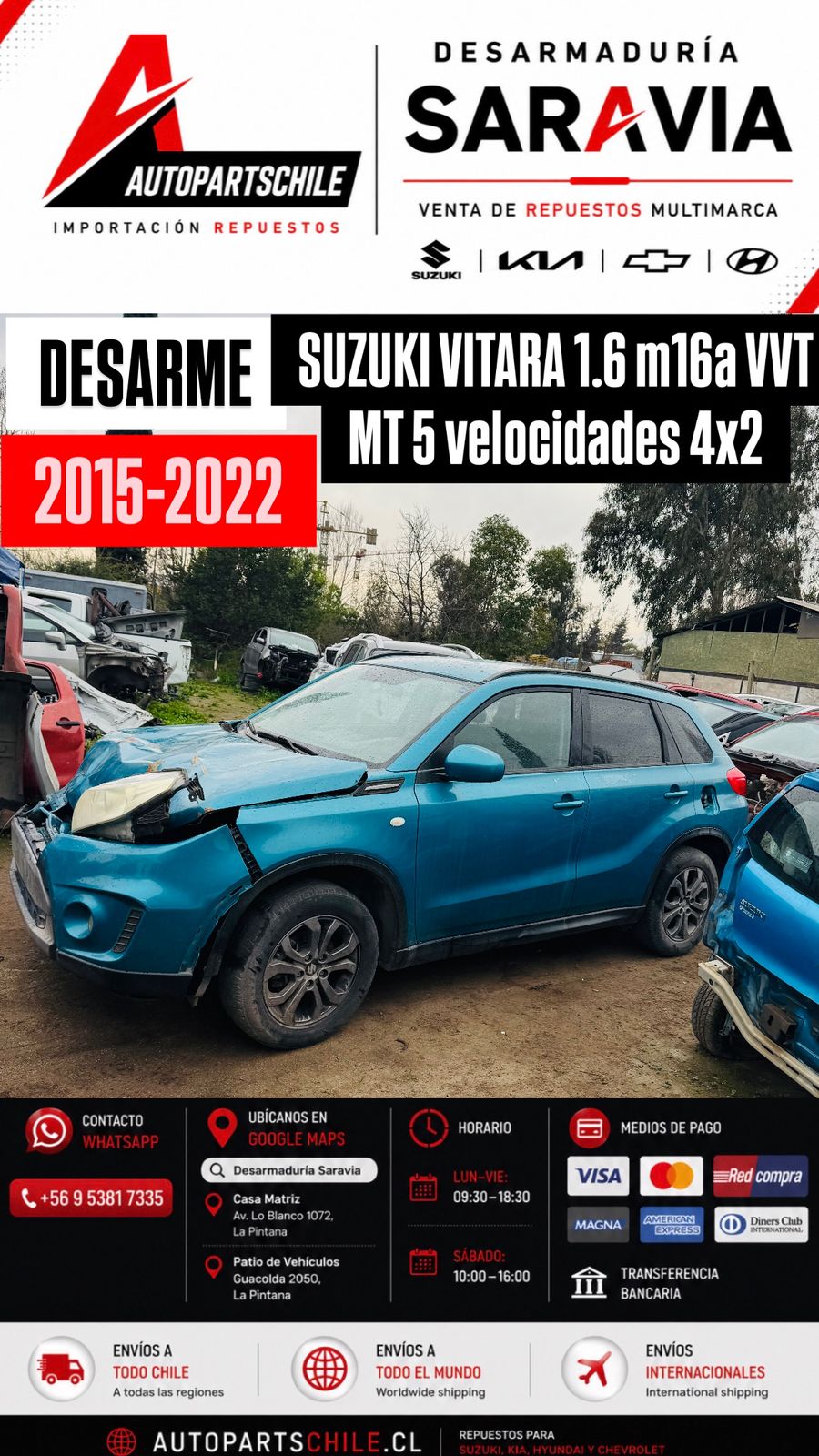 Suzuki Vitara 1.6 azul, vista frontal lateral con daño