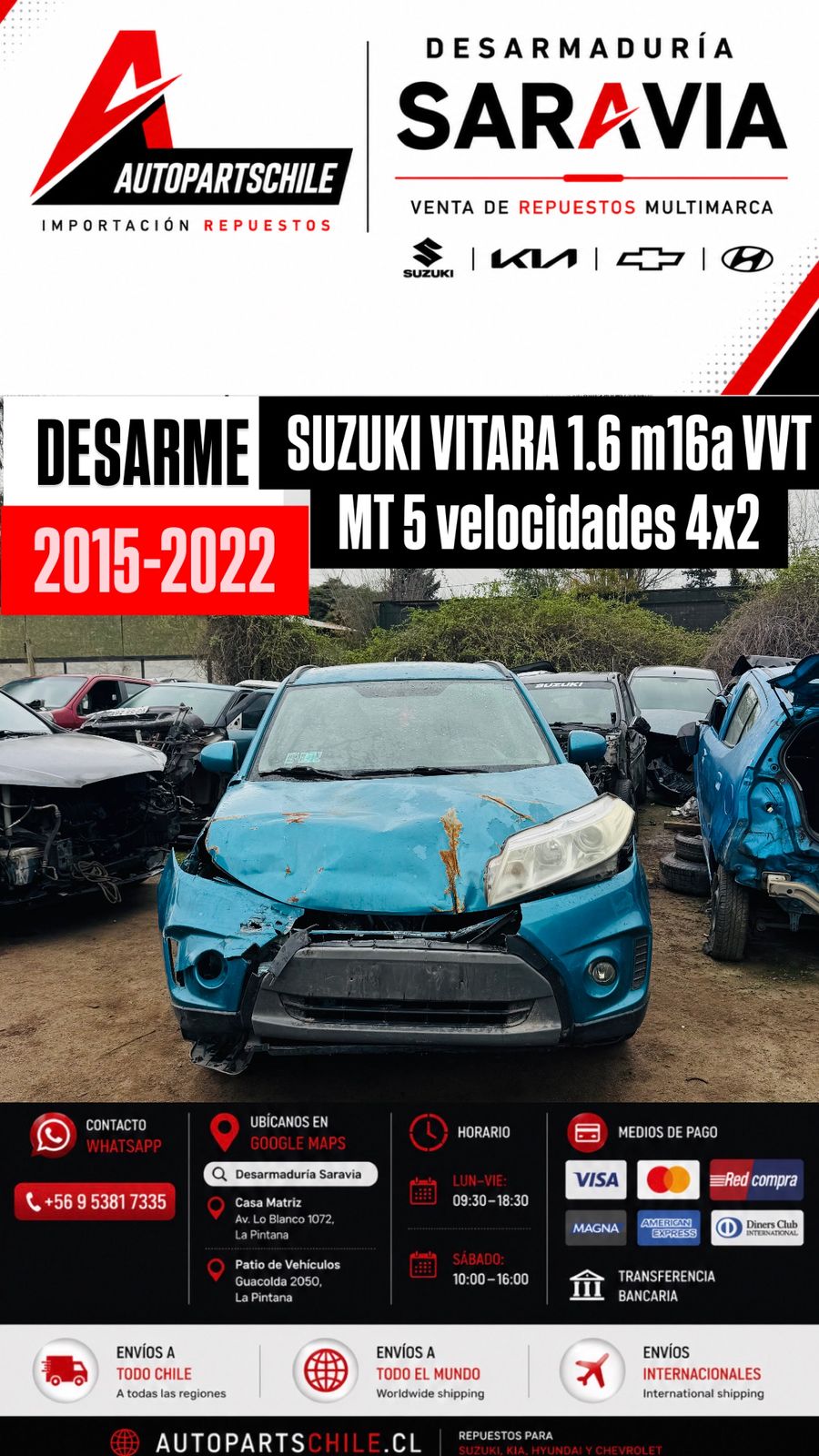 Suzuki Vitara 1.6 azul, vista frontal directa con daño de choque