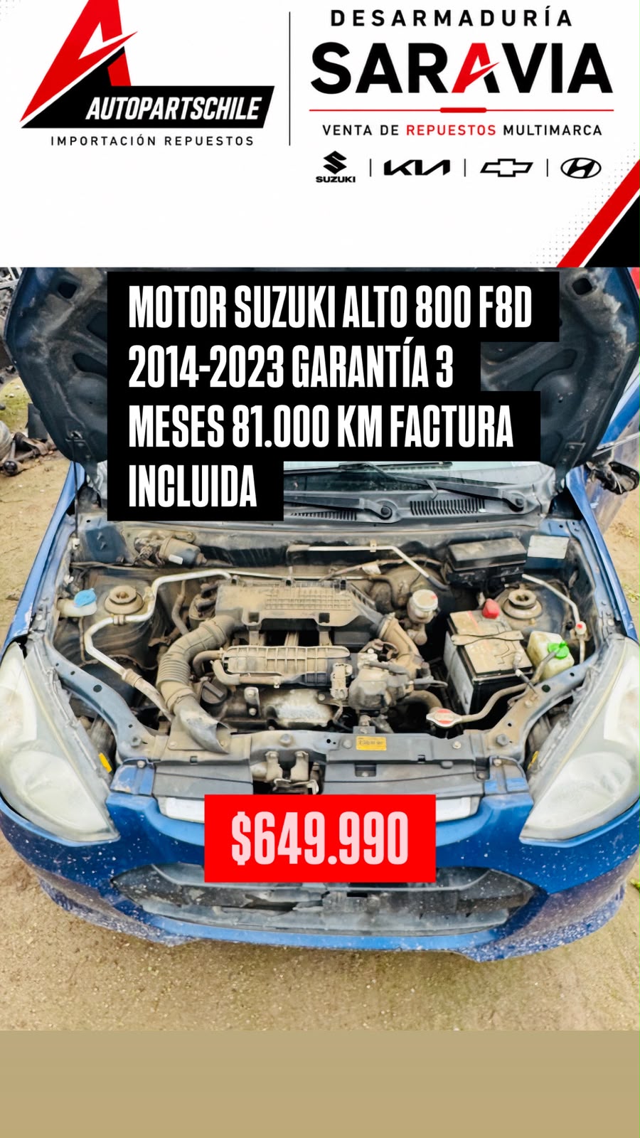 Motor completo Suzuki Alto 800 F8D 81.000 km garantía 3 meses