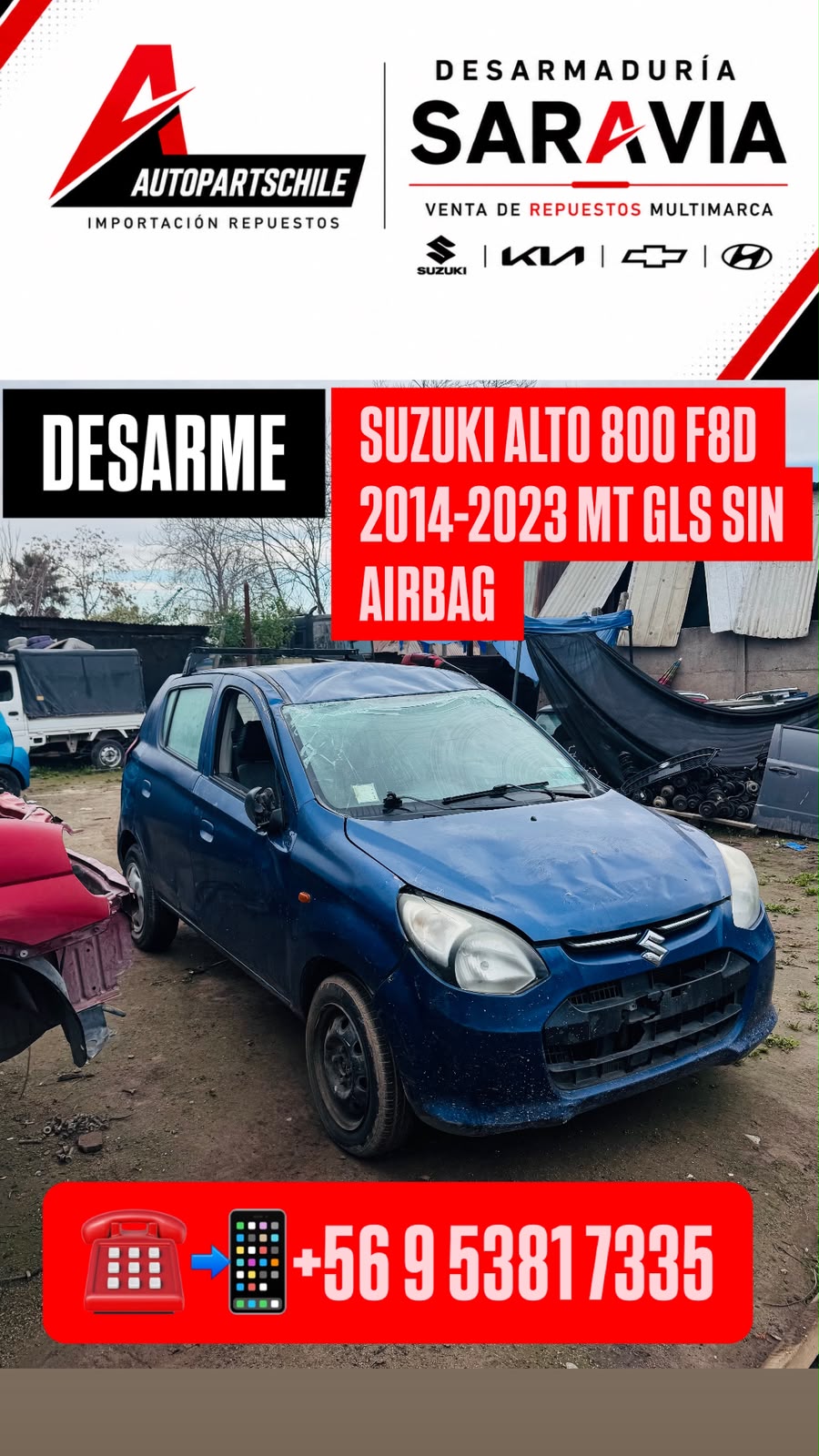 Suzuki Alto 800 F8D azul, vista frontal, en desarme