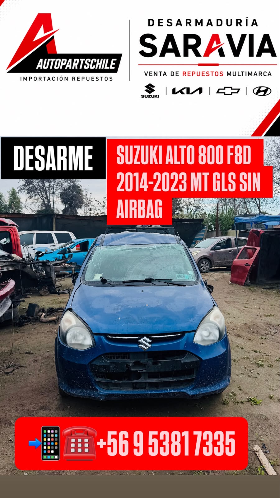 Suzuki Alto 800 F8D azul vista frontal en desarme