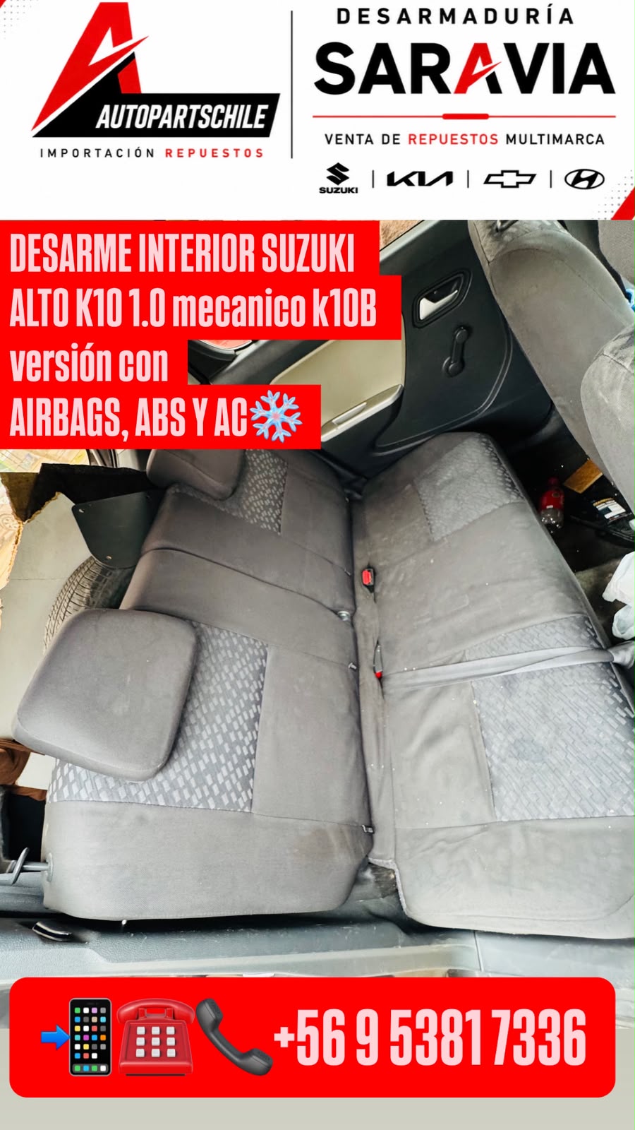 Suzuki Alto K10 2020 gris interior asientos en desarme