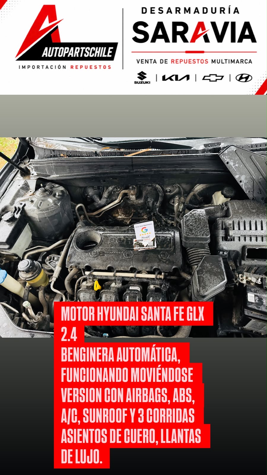 Hyundai Santa Fe GLX 2.4 detalle motor en desarme